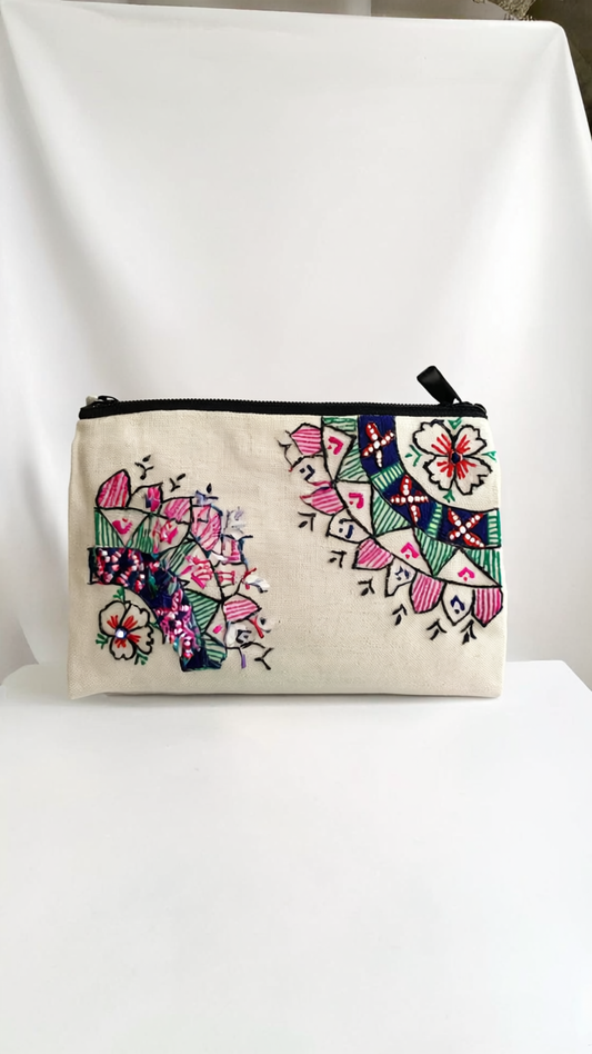 Artisan Embroidered Floral Pouch | Handcrafted Utility Pouch / Makeup Bag
