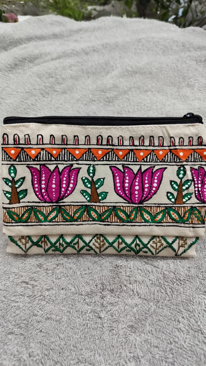 Artisan Embroidered Lotus Motif Hand Pouch | Cultural Print Utility Pouch