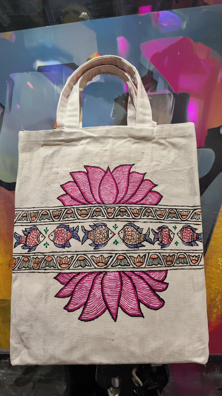 Hand-Painted Lotus & Fish Canvas Tote Bag - Artistic Folk Art Shoulder Bag