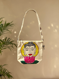 Hand-Painted Buddha on Lotus Sling Bag - Artistic Canvas Tote