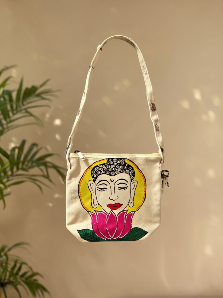 Hand-Painted Buddha on Lotus Sling Bag - Artistic Canvas Tote