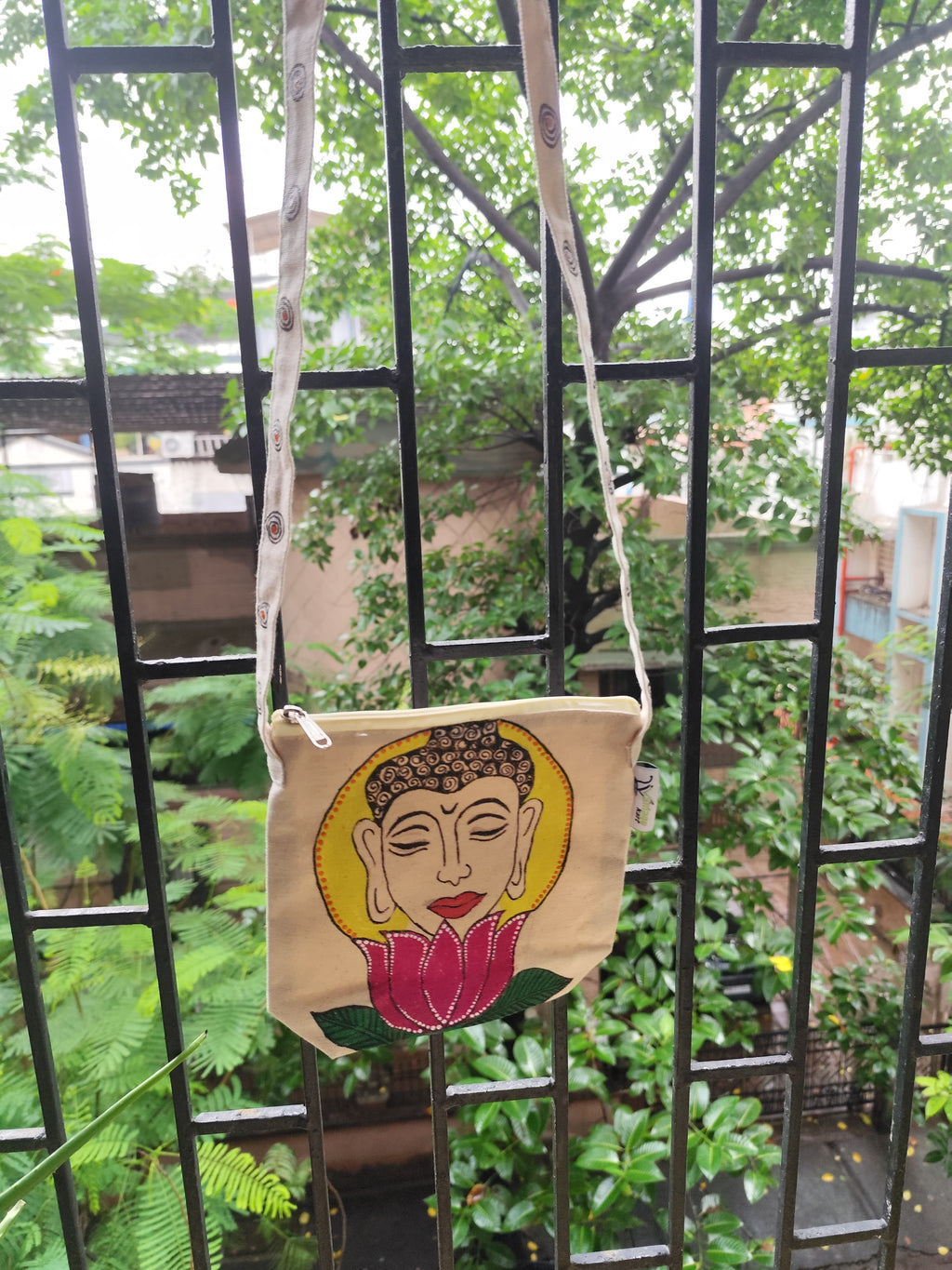 Hand-Painted Buddha on Lotus Sling Bag - Artistic Canvas Tote