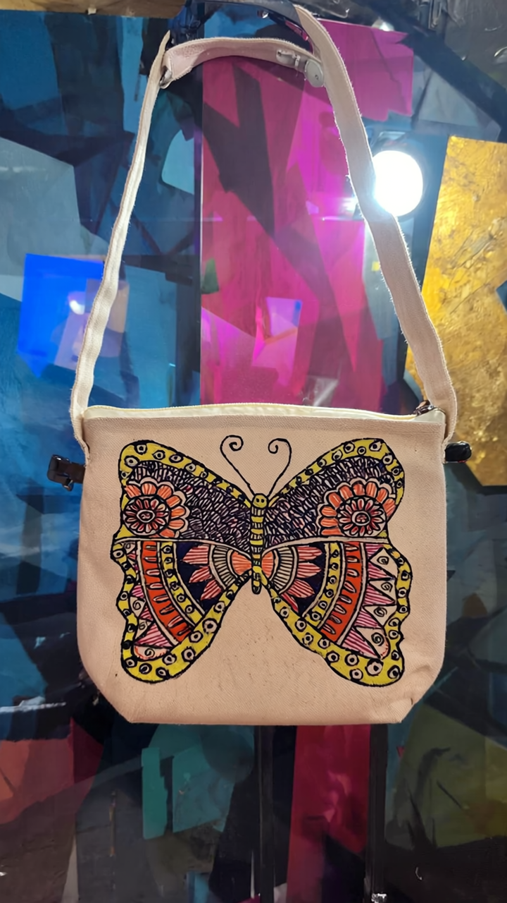 Hand-Painted Bohemian Butterfly Canvas Sling Bag