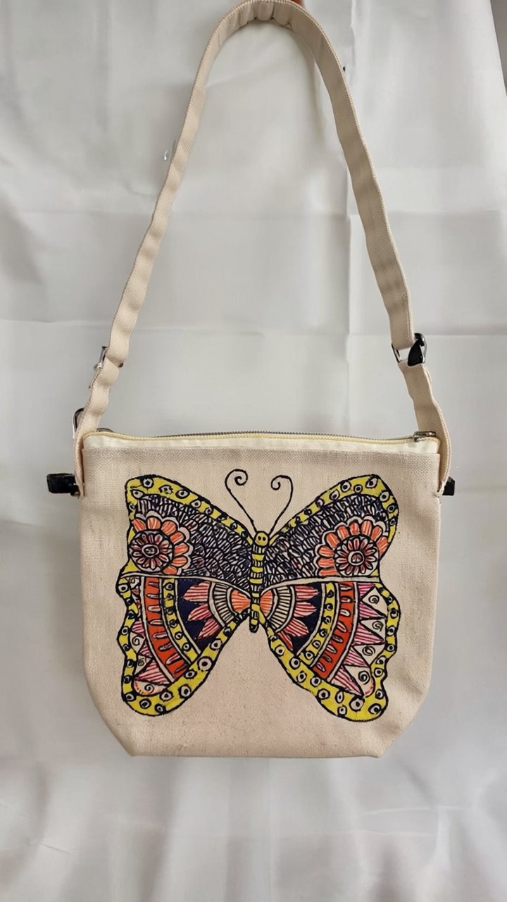 Hand-Painted Bohemian Butterfly Canvas Sling Bag