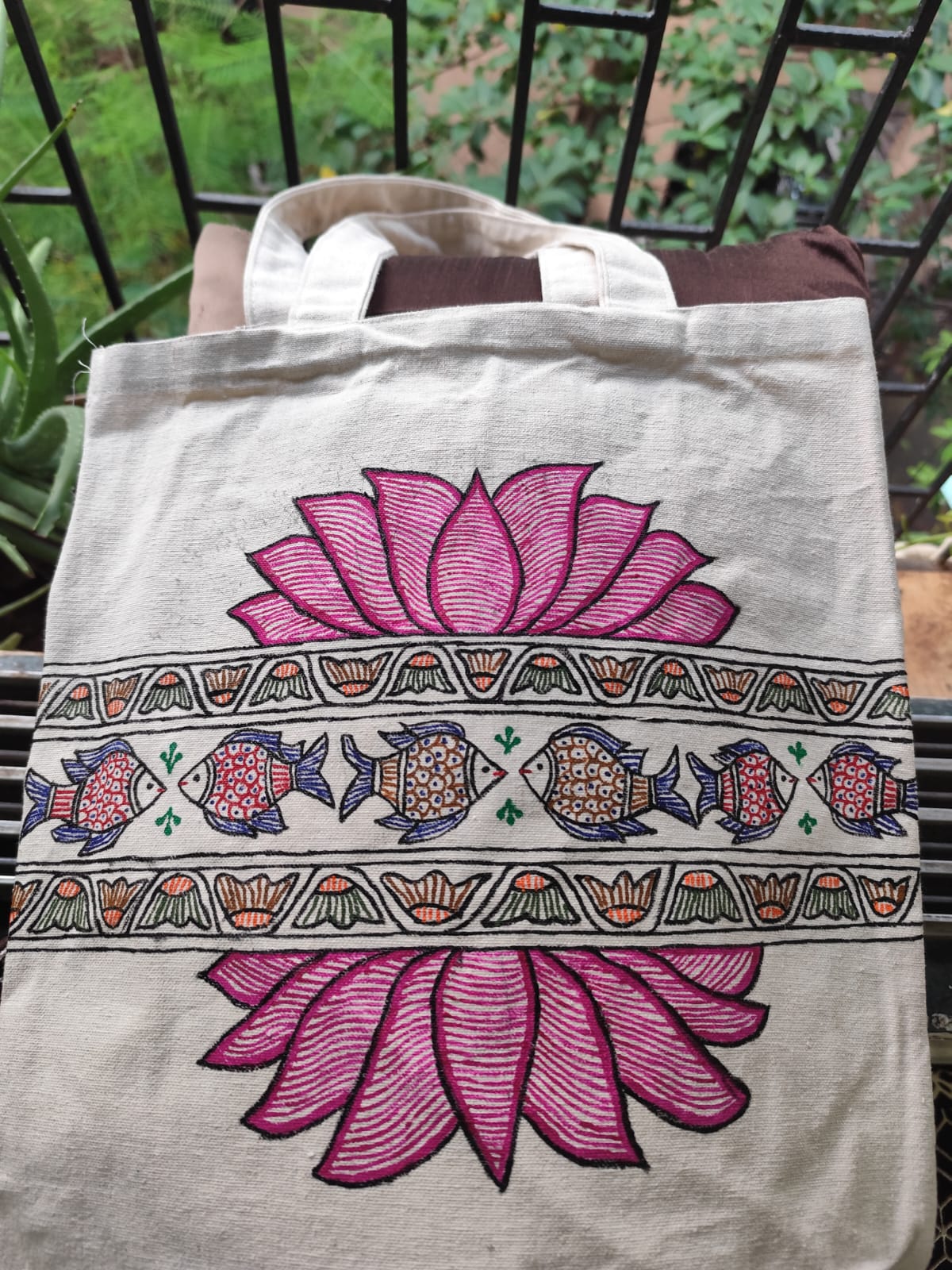 Hand-Painted Lotus & Fish Canvas Tote Bag - Artistic Folk Art Shoulder Bag