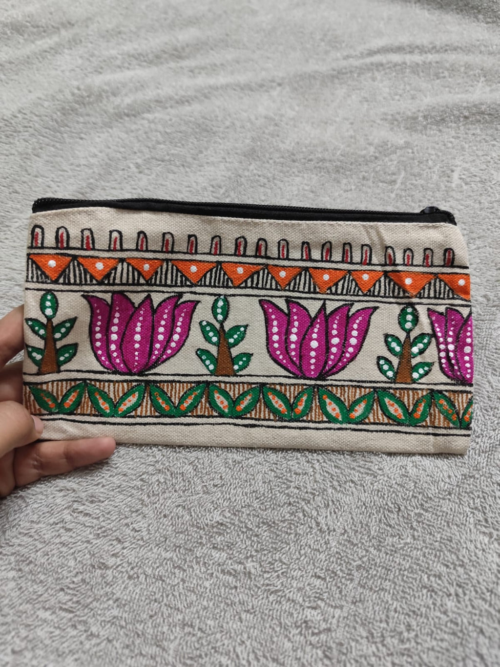 Artisan Embroidered Lotus Motif Hand Pouch | Cultural Print Utility Pouch