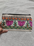 Artisan Embroidered Lotus Motif Hand Pouch | Cultural Print Utility Pouch