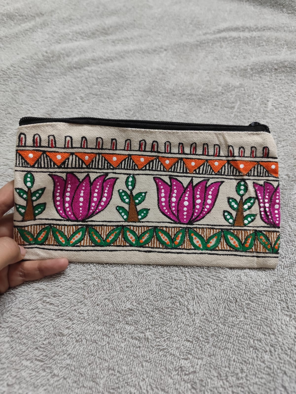 Artisan Embroidered Lotus Motif Hand Pouch | Cultural Print Utility Pouch
