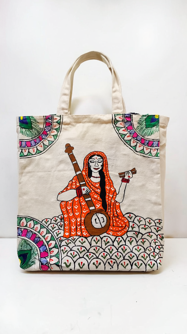 Hand-Painted Meera Bai Canvas Tote Bag | Artistic Indian Folk Art Shopping Bag