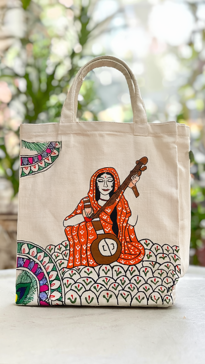 Hand-Painted Meera Bai Canvas Tote Bag | Artistic Indian Folk Art Shopping Bag
