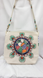 Hand-Painted Peacock Mandala Canvas Sling Bag | Artistic Ethnic Crossbody