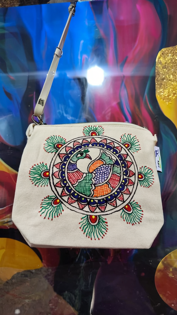 Hand-Painted Peacock Mandala Canvas Sling Bag | Artistic Ethnic Crossbody