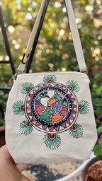 Hand-Painted Peacock Mandala Canvas Sling Bag | Artistic Ethnic Crossbody