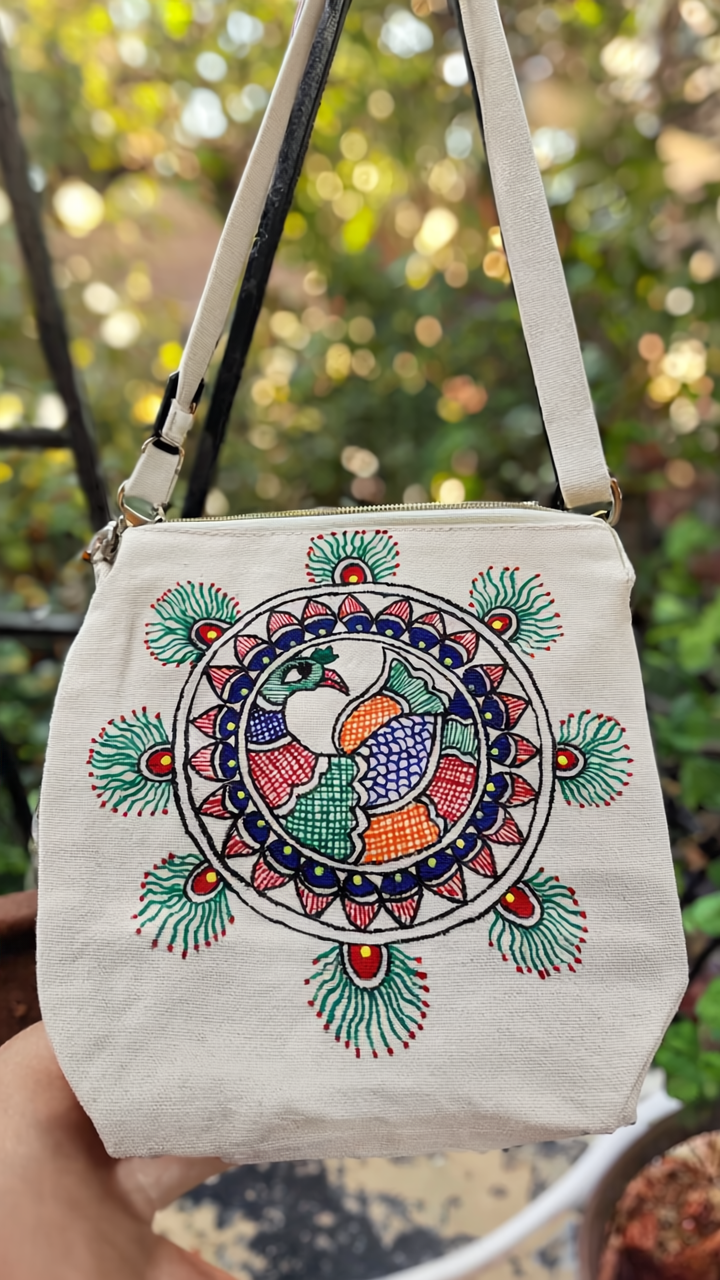 Hand-Painted Peacock Mandala Canvas Sling Bag | Artistic Ethnic Crossbody