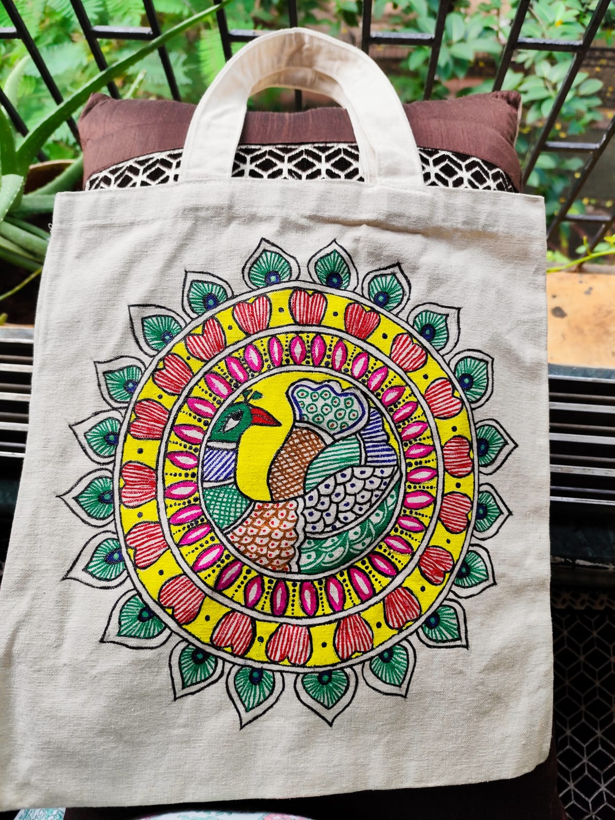 Hand-Painted Peacock Mandala Canvas Tote Bag | Artistic Daily Use Shopping Bag