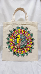 Hand-Painted Peacock Mandala Canvas Tote Bag | Artistic Daily Use Shopping Bag