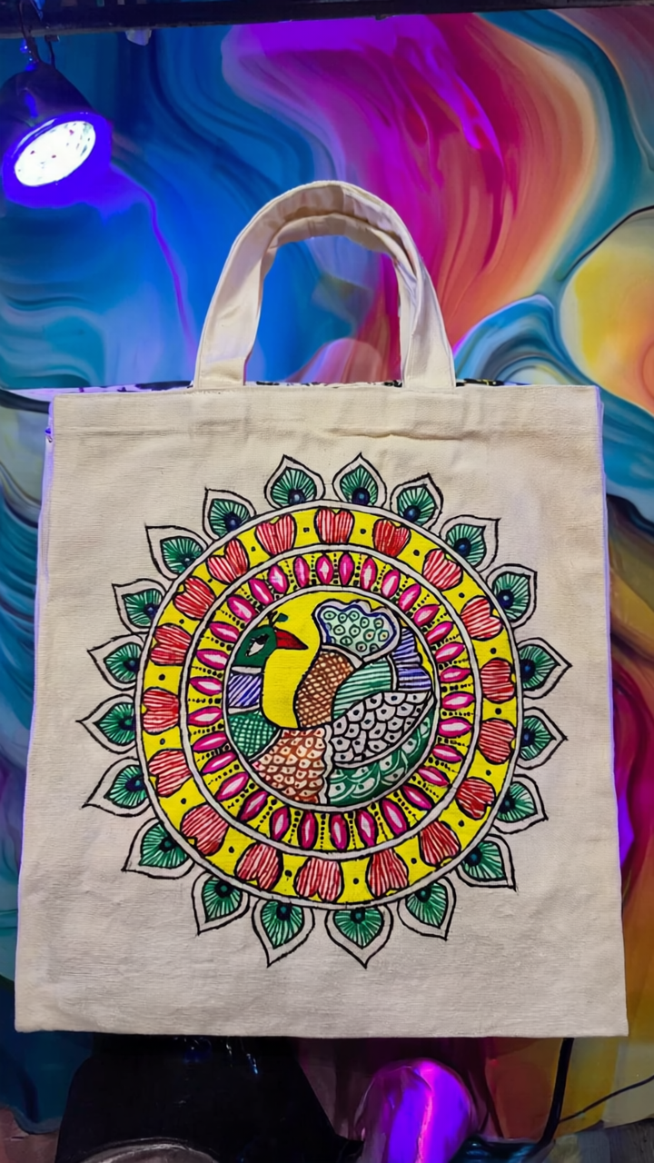 Hand-Painted Peacock Mandala Canvas Tote Bag | Artistic Daily Use Shopping Bag