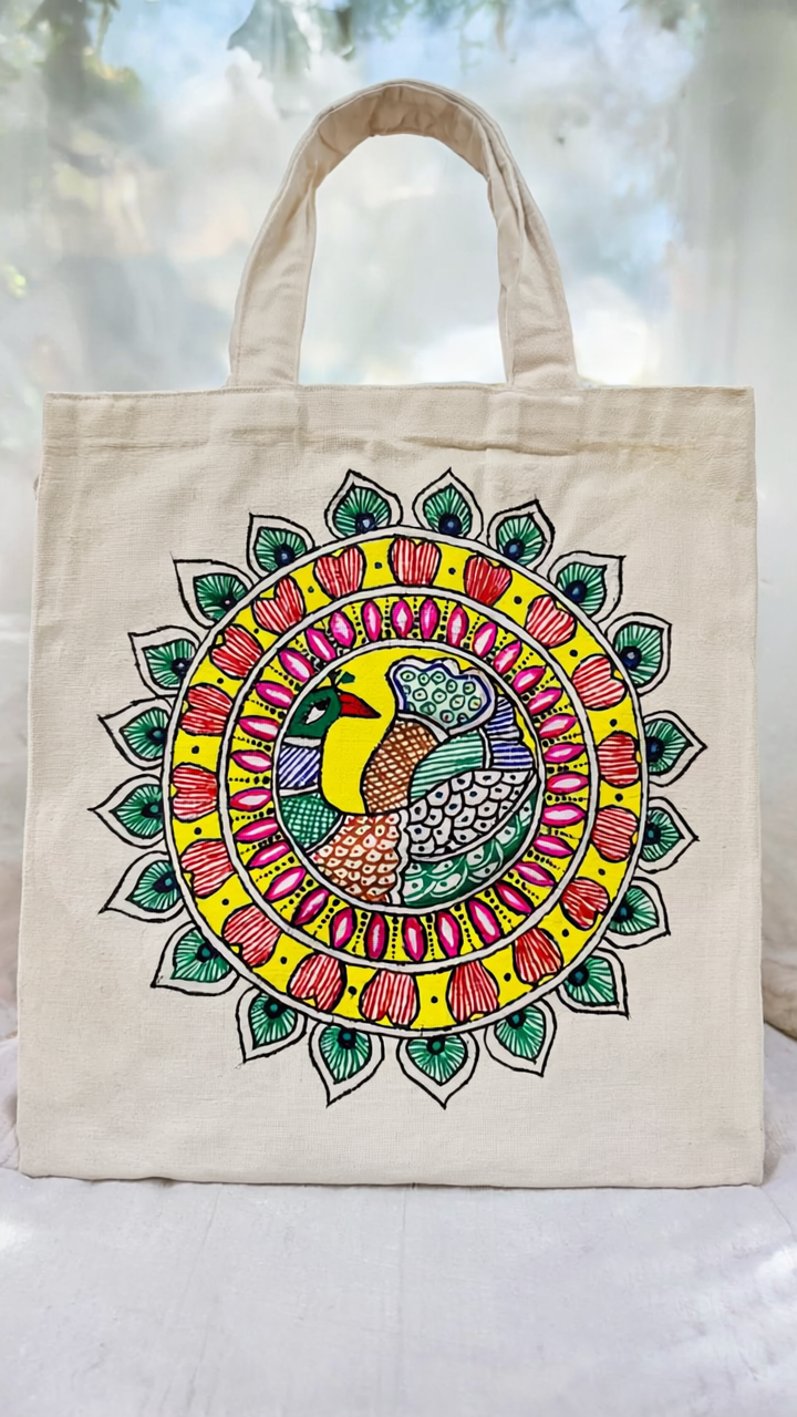 Hand-Painted Peacock Mandala Canvas Tote Bag | Artistic Daily Use Shopping Bag